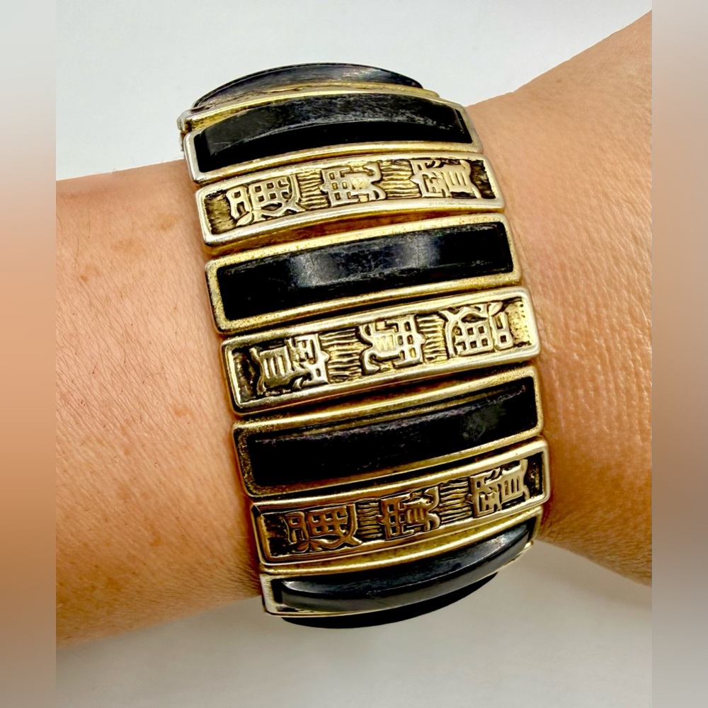 Vintage Chinoiserie Stretch Panel Bracelet Black Gold Statement
